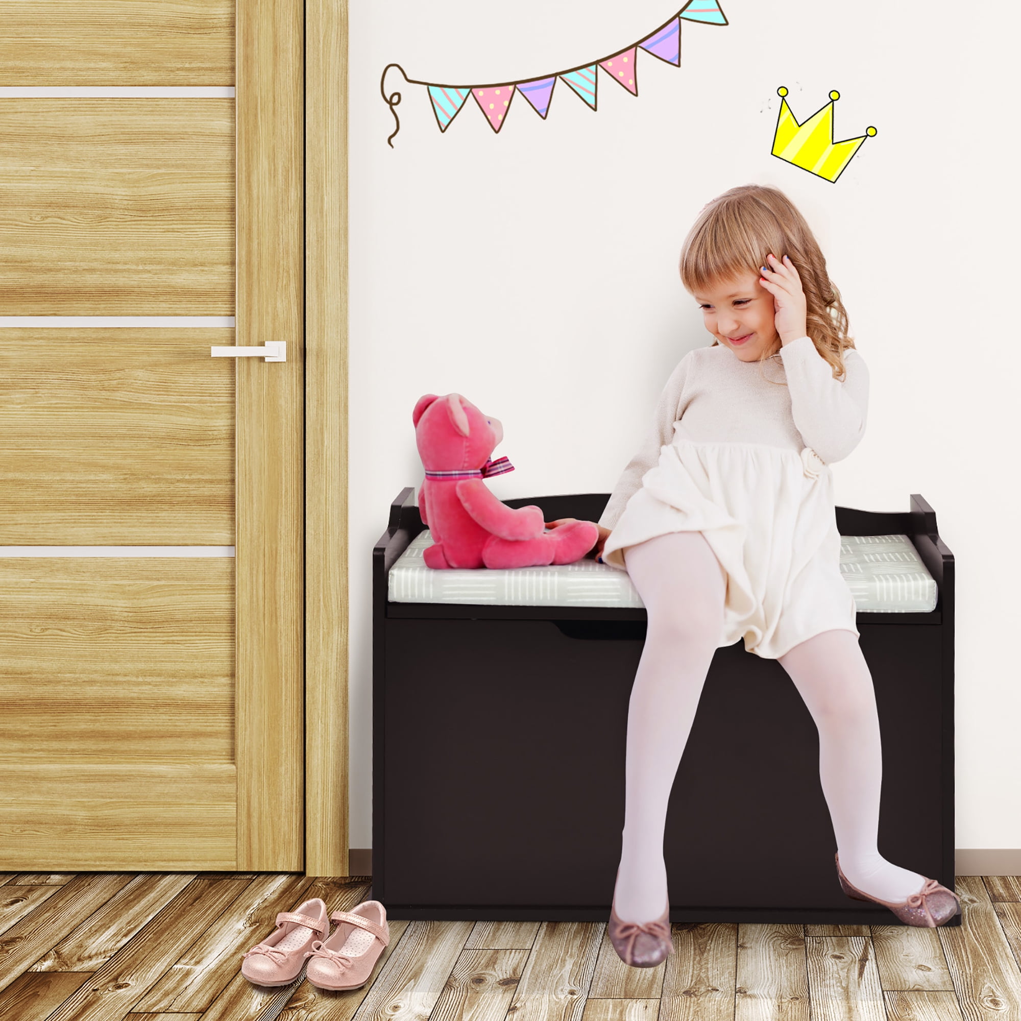 Costway Kids Toy Box Wooden Flip-top Storage Chest Bench W/ Cushion Safety Hinge Brown