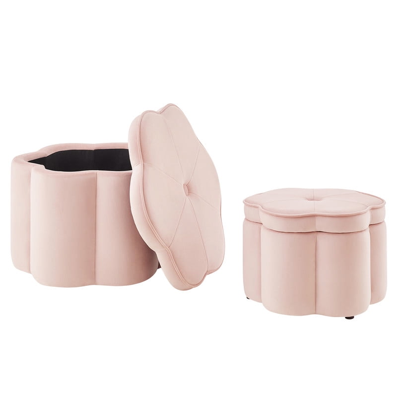 Set of 2 Storage Ottomans, Flower-Shaped Petal Ottoman, Upholstered Velvet Vanity Stool for Living Room & Bedroom, Pink