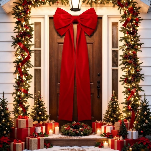 Scidweet Christmas Bows, 1 Pack 27 x 78 Inch Red Velvet Big Christmas Bow with Long Streamers for Front Door Christmas Tree Topper Home Room Holiday Porch Xmas Decor