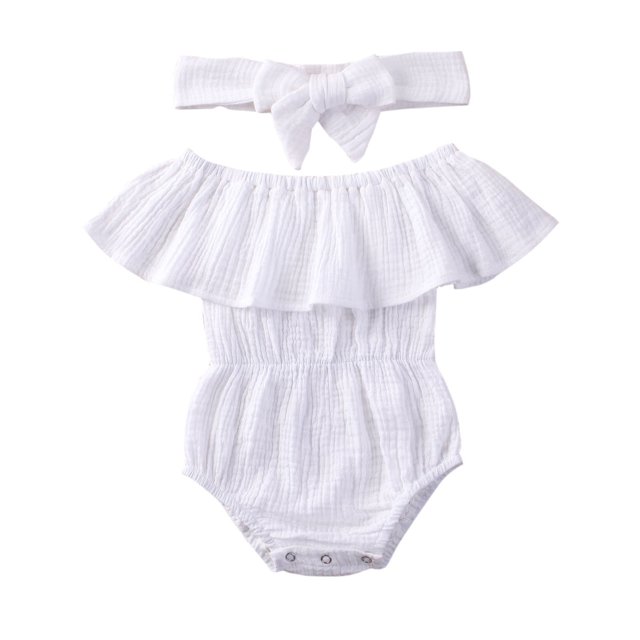 Combinaison à Manches à Volants pour Fille, Couleur Unie Classique, Épaules Dénudées + Bandeau