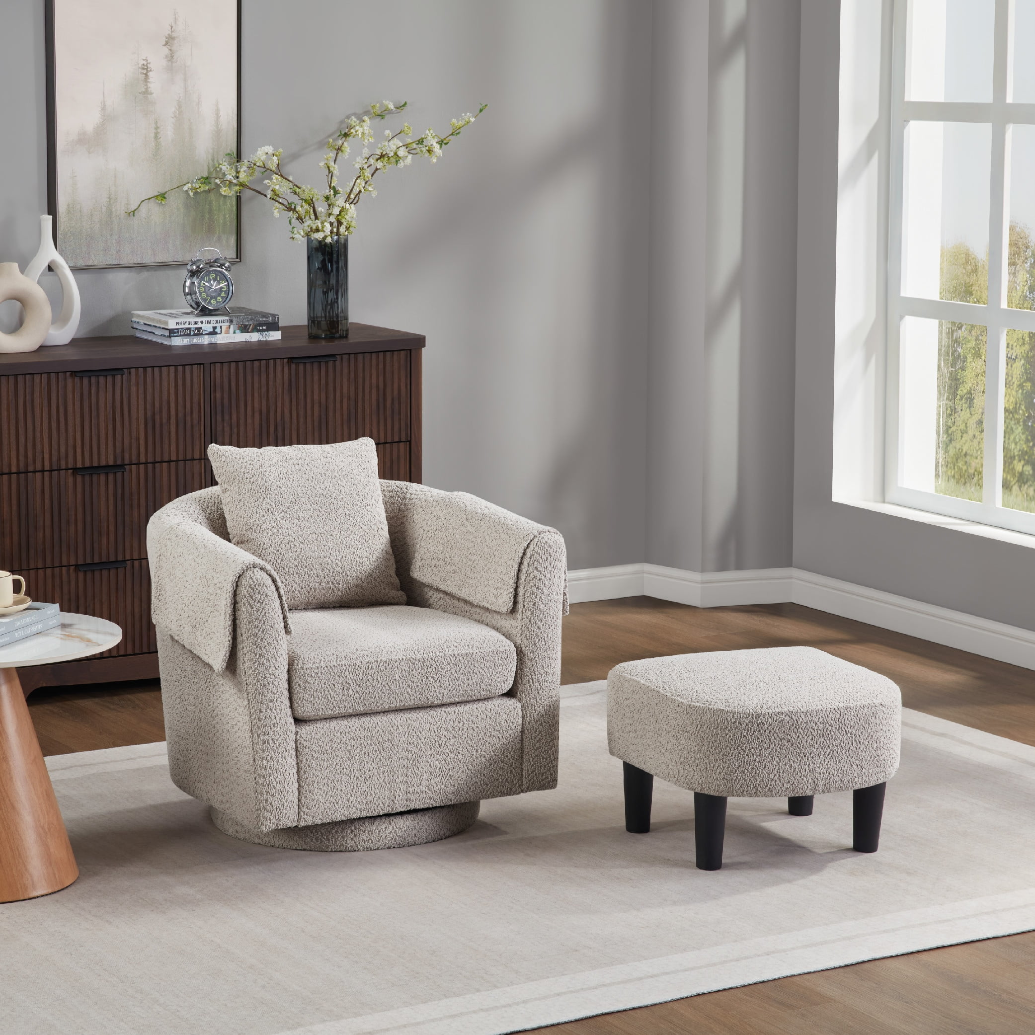 MAYEERTY Swivel Accent Chair with Ottoman, Chenille Barrel Chair for Living Room/Office, Gray