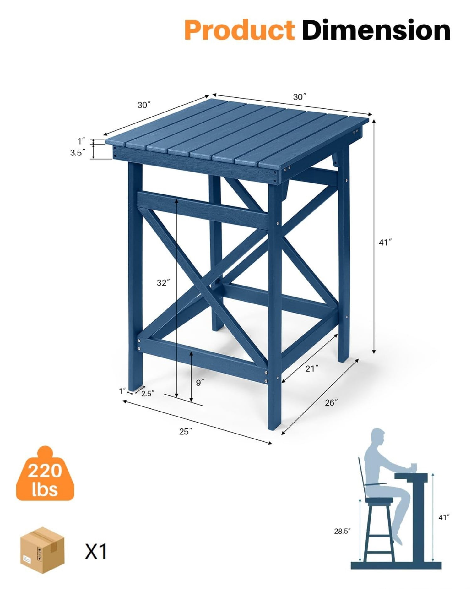HDPE Outdoor Bar Table, 41" Adirondack Patio Bar Height Table, Weather Resistant High Top Pub Table for Poolside, Balcony, Porch, Garden, Navy