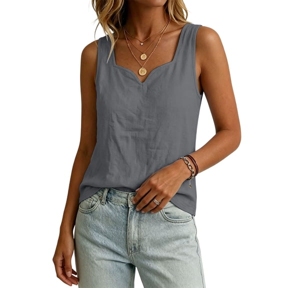 Noric Women's Cotton Linen Sleeveless Tank Top Scallop V-Neck Loose Fi Casual Summer Basic Tops