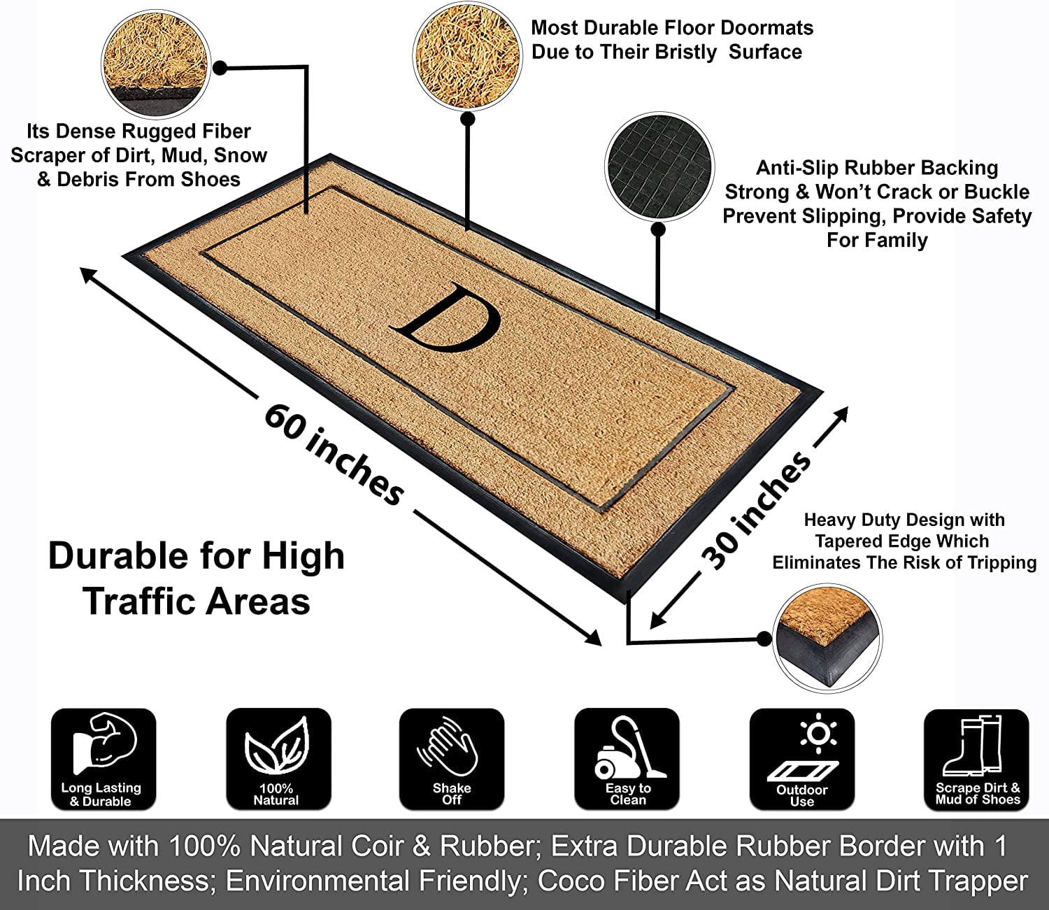 A1HC Natural Coir & Rubber Monogrammed Door Mat, 30x60 in, Thick Durable Heavy-Duty Entrance Mat with Thin Profile for Front Door