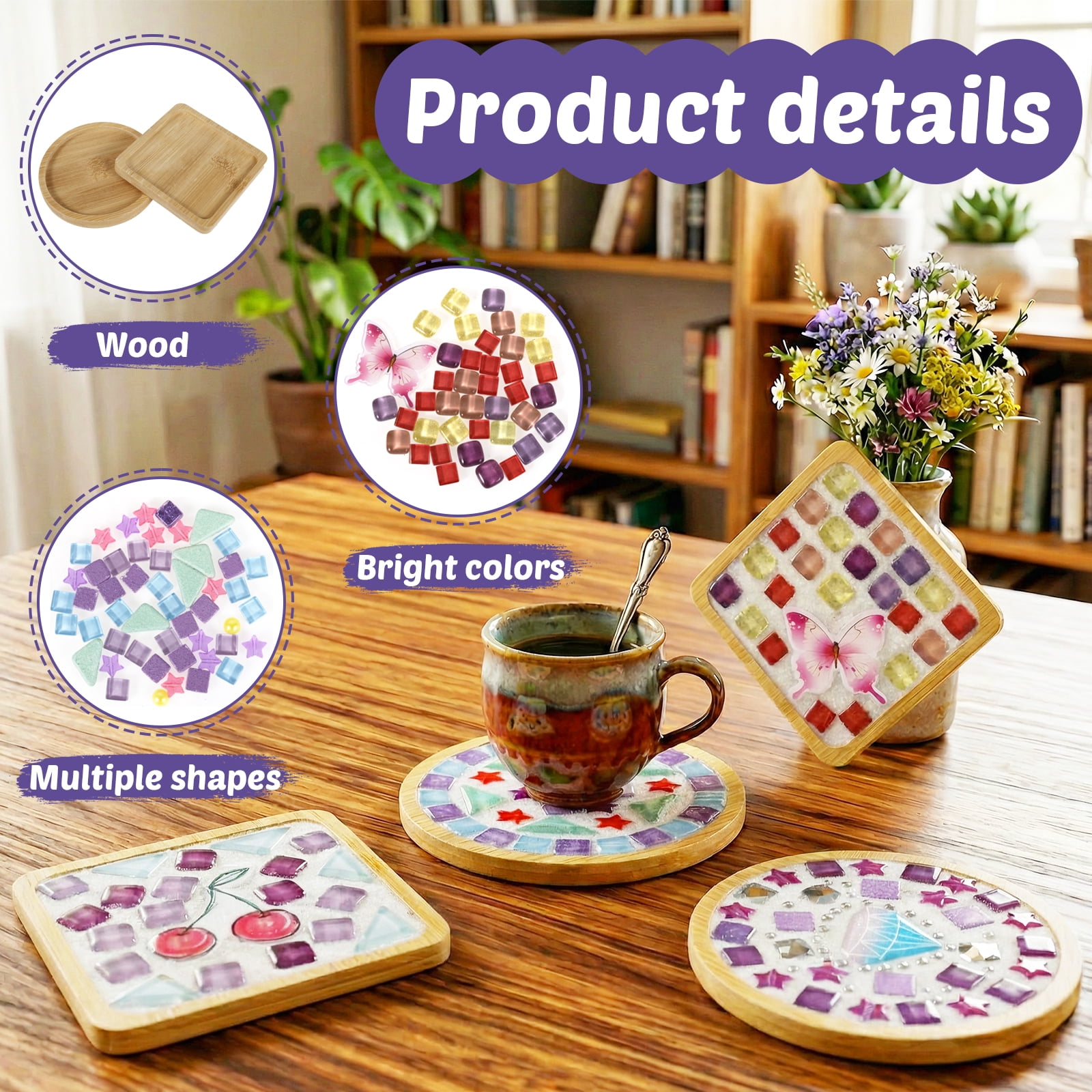 Austok 4Pcs DlY Mosaic Tile for Cup Pads Craft Mixed Color Glass Tile Kit with Bamboo Cup Pad for Adult DlY Cup Pad Kit Mosaic Supply for Handmade Home Decoration Present