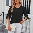 thumbnail image 2 of Defitshape Women's Short Sleeve Blouse Fall Spring Shirt Bell Sleeve T Shirt Cool Loose Fit Summer Work Half Sleeve Chiffon Tops Lightweight Tshirt Black Medium, 2 of 4