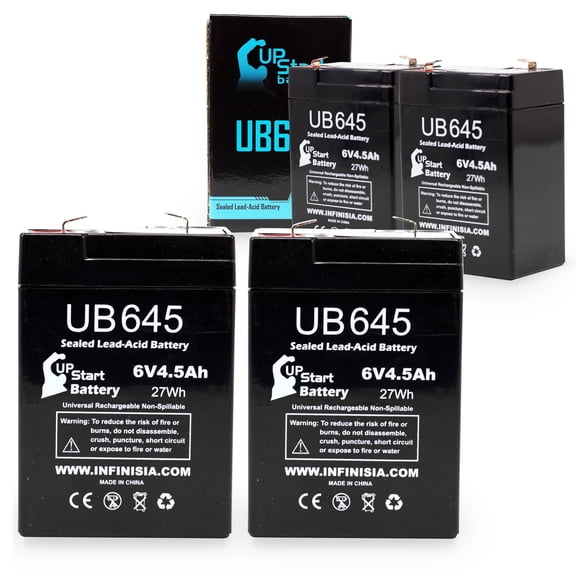 4x Pack - Compatible Light Alarms 6RPG3 Battery - Replacement UB645 Universal Sealed Lead Acid Battery (6V, 4.5Ah, 4500mAh, F1 Terminal, AGM, SLA) - Includes 8 F1 to F2 Terminal Adapters