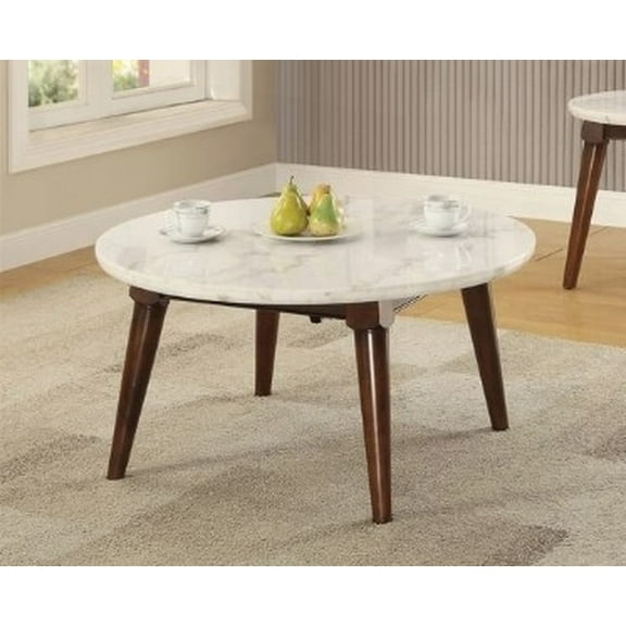White Marble Top Coffee Table in Walnut Finish for Elegance