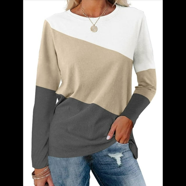 Blusas de Bloque de Color para Mujer, Estilo Túnica Informal de Larga con Cuello Redondo, Tipo Jersey. Caqui XL