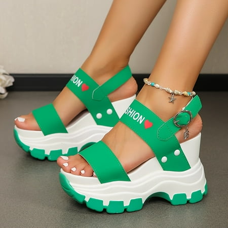 

Chic Two-Tone Women s Wedge Sandals - Open Toe with Heart Buckle Strap Versatile Platform Heels for Everyday Elegance