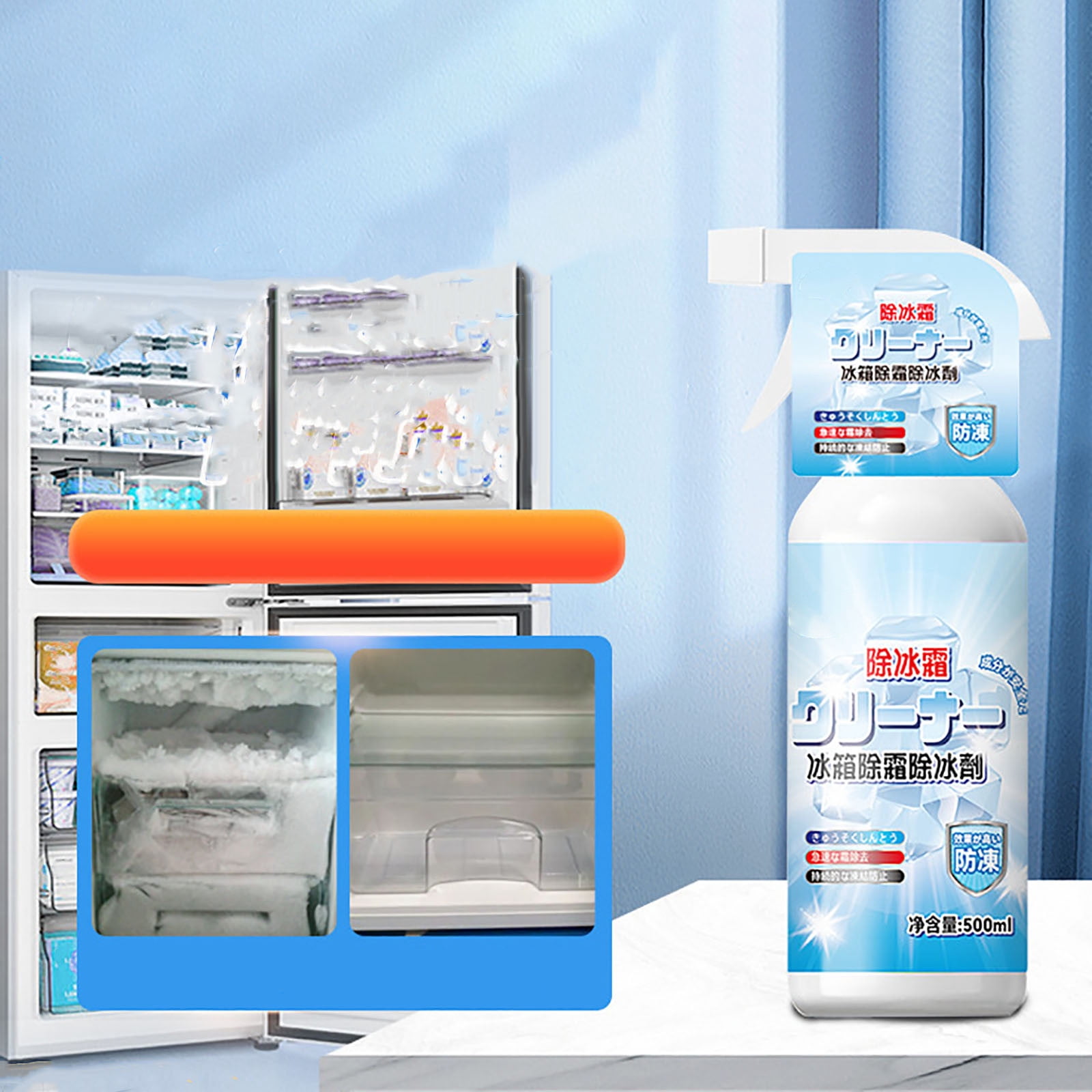 500ml Freezer Defrosting Spray – Multi-purpose Deicing Spray for Freezers, Ice Makers, Windows, and Taps, Quickly Removes Ice Build-up, Keeps Appliances Efficient.