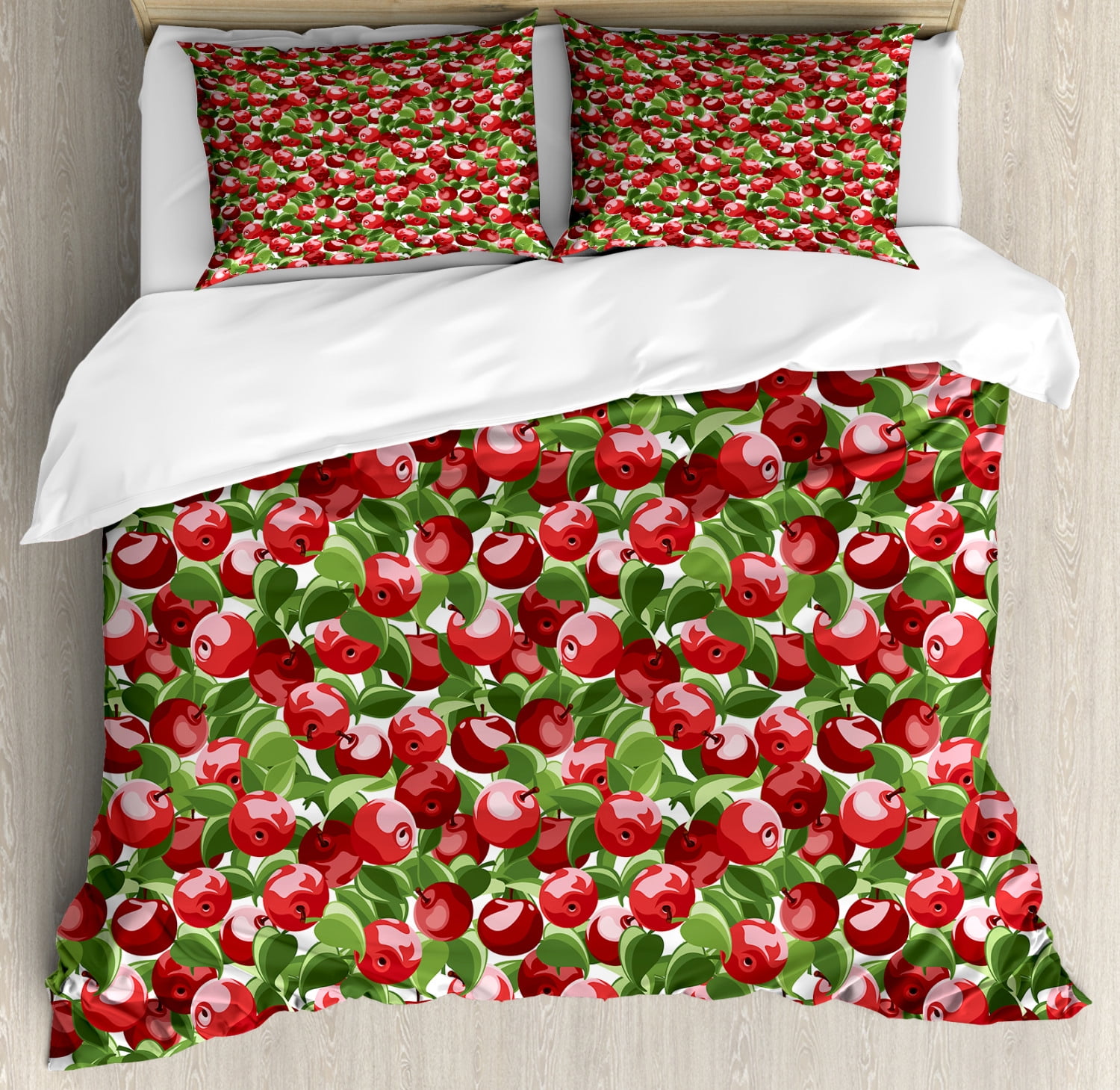 Apple Duvet Cover Set King Size, Red Apples and Green Leaves Organic Food Garden Harvest Eating