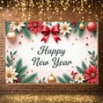 thumbnail image 2 of Festive Theme Happy New Year Banner Red Bow Design New Year Party Banner Poinsettia Pattern Gold Ornament Festive Banner for New Year Party Holiday Celebration Indoor Decoration, 2 of 8