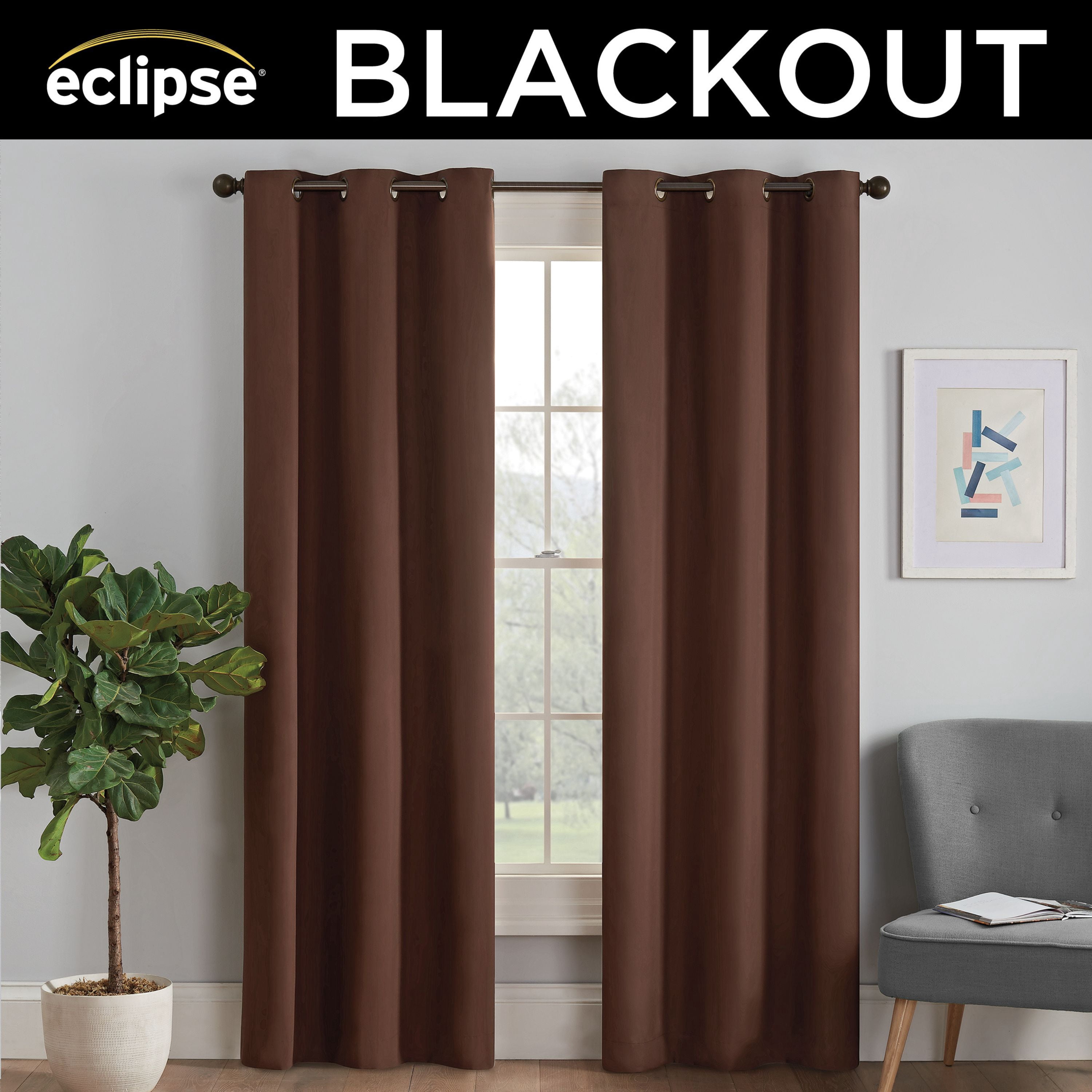 Eclipse Microfiber Blackout Grommet Curtains, Solid Thermaback Window Curtains (1 Panel), 42 In wide x 63 In long, Chocolate