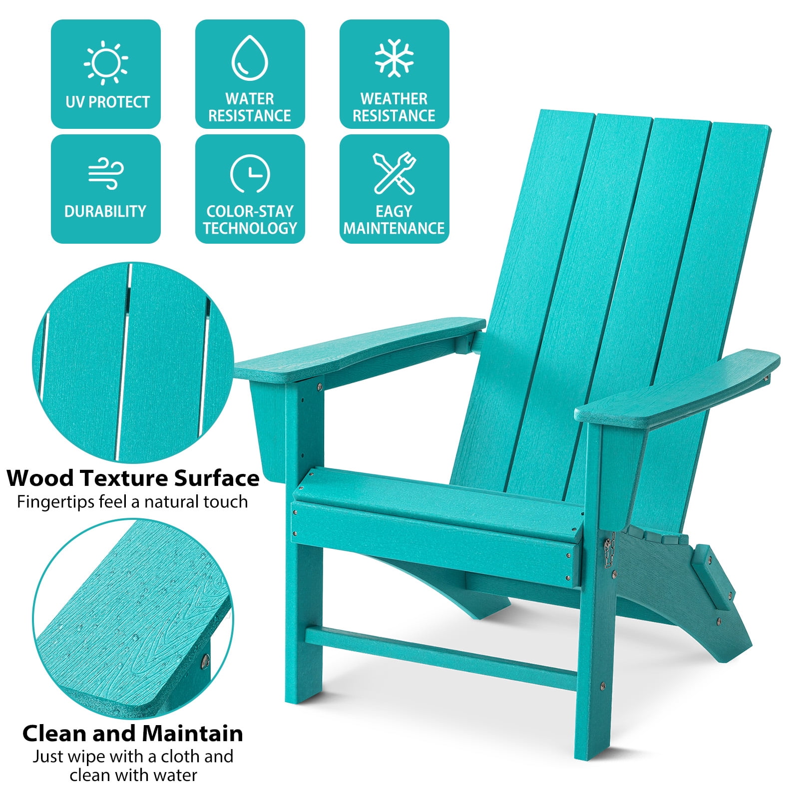 Garpans Folding Adirondack Chairs Set of 2 Weather Resistant Outdoor Adirondack Chair HDPE Outdoor Chair for Patio Front Porch Pool Garden Deck Fire Pit Outside, Turquoise