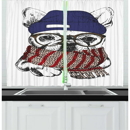 Cozy Christmas Living Room Bulldog Curtains 2 Panels Set, Hand Drawn Style Portrait of Cozy Winter Dog Wearing a Scarf Beanie and Glasses, Window Drapes for Living Room Bedroom, 55W X 39L Inches, Multicolor, by Ambesonne ()