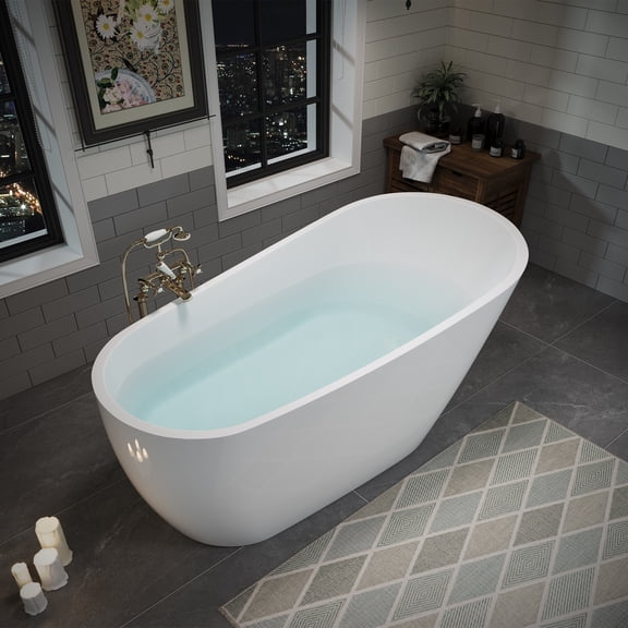 taoruifang 63" Acrylic Freestanding Bathtub Glossy White Soaking Tub with Drain