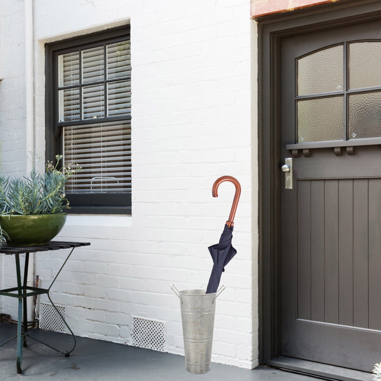 Galvanized Metal Umbrella Stand Holder for Walking Sticks and Canes Farmhouse French Style Decorative Storage Bucket with Handles
