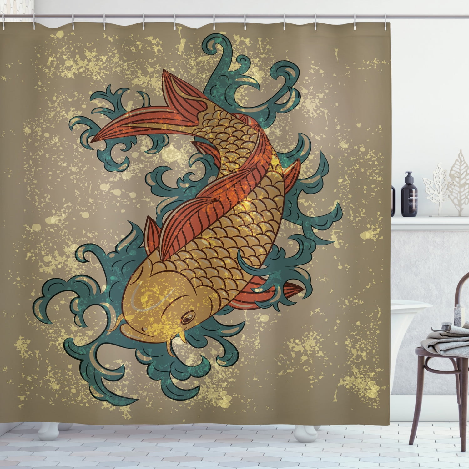 Japanese Shower Curtain, Grunge Asian Style Oriental Water Koi Carp