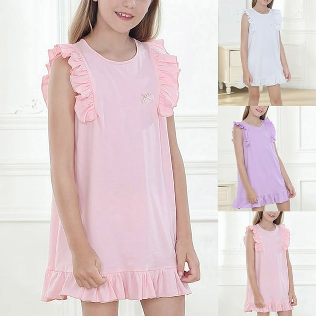 Milgrthf Robe de Pyjama à Col en Dentelle pour Préadolescente, Manches Courtes, Été, Coton, Tenue de Détente, Plissée, Midi Décontractée pour 3-16 Ans, Rose