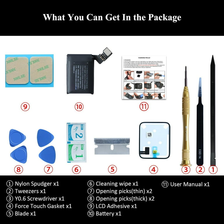 Battery Replacement for Apple Watch Series 2 38mm A1757 A1760 A1816 with Repair Tools Installation Manual and Screen Adhesive