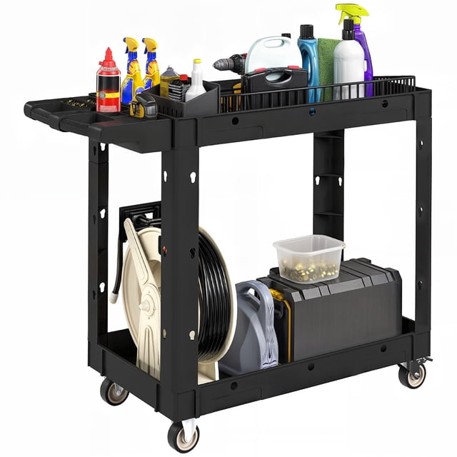 HOMCOM Chariot à Outils Roulant à 2 Niveaux avec Roues, Chariot Utilitaire de 500 Lb, Noir