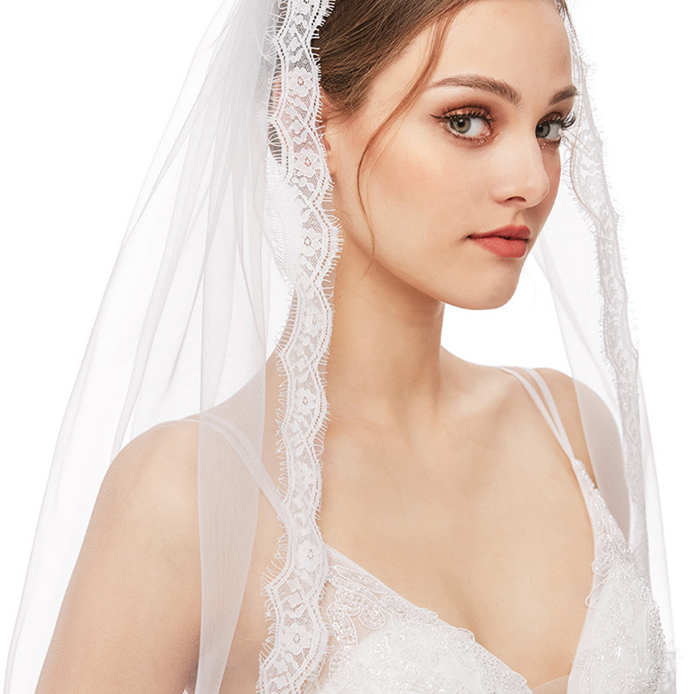 Elegant Lace Edge Wedding Veil with Comb | 35 Inch Single  display picture 2