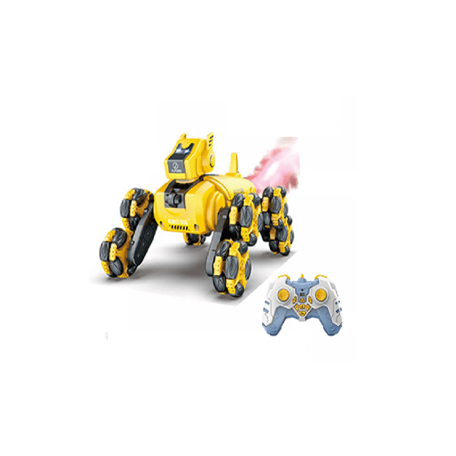 perro de juguete inteligente de control remoto yellow eight-wheel stunt mechanical d robot perro amarillo con ocho ruedas omnidireccionales; vista 3/4 frontal que muestra cuerpo compacto con pantalla frontal, cuatro pares de ruedas giratorias para deriva 360°, luces LED visibles y salida trasera de niebla rosa; incluye mando inalámbrico blanco y azul; fondo blanco de estudio; a menudo usado como juguete interactivo para juegos en familia.