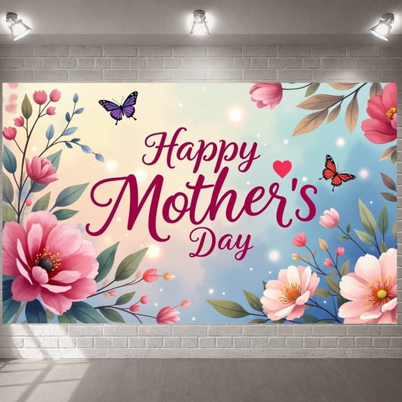 Pink Floral Happy Mother's Day Banner Butterfly Accent Mom's Day Backdrop Watercolor Magenta Lettering Mother Appreciation Background for Mother's Day Party Family Gathering Mom's Brunch