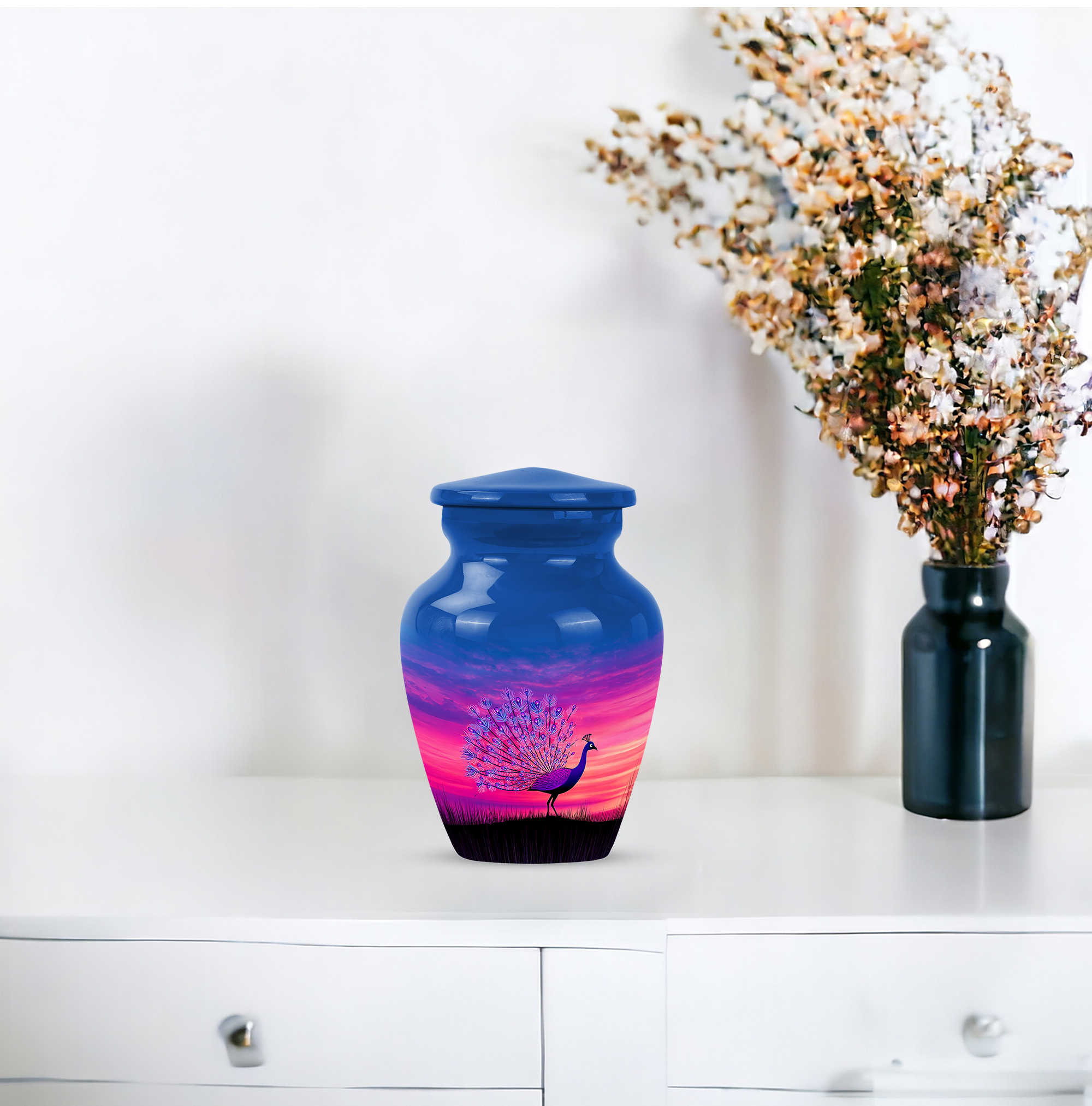 MUKTIVE Peacock Decorative Blue Little Urn for Ashes Adult Cremation, Mini Keepsake Decorative Urns for Ashes Male & Female, Tiny Urns for Funeral (3 Inch)