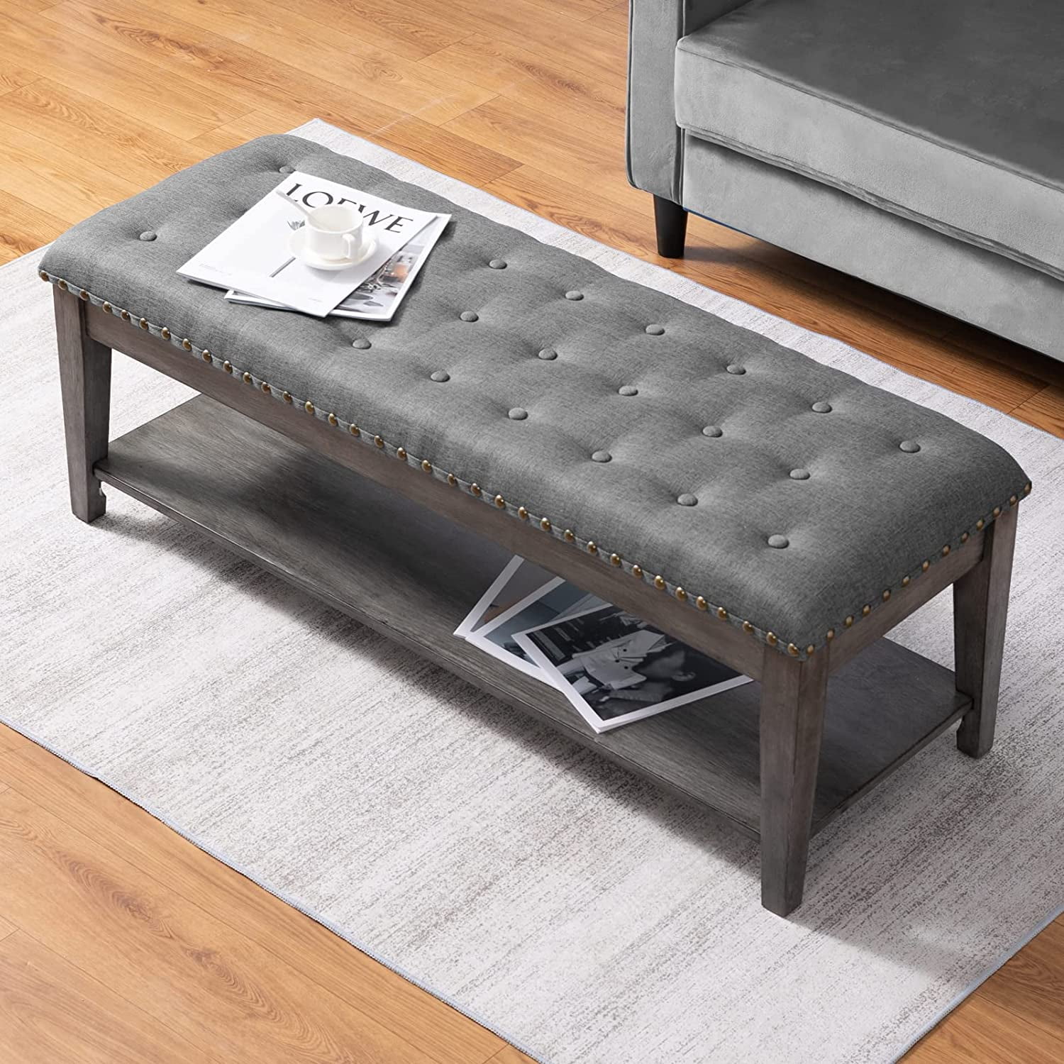 Mjkone Upholstered Bench, Large Rectangular Tufted Linen Ottoman, Solid