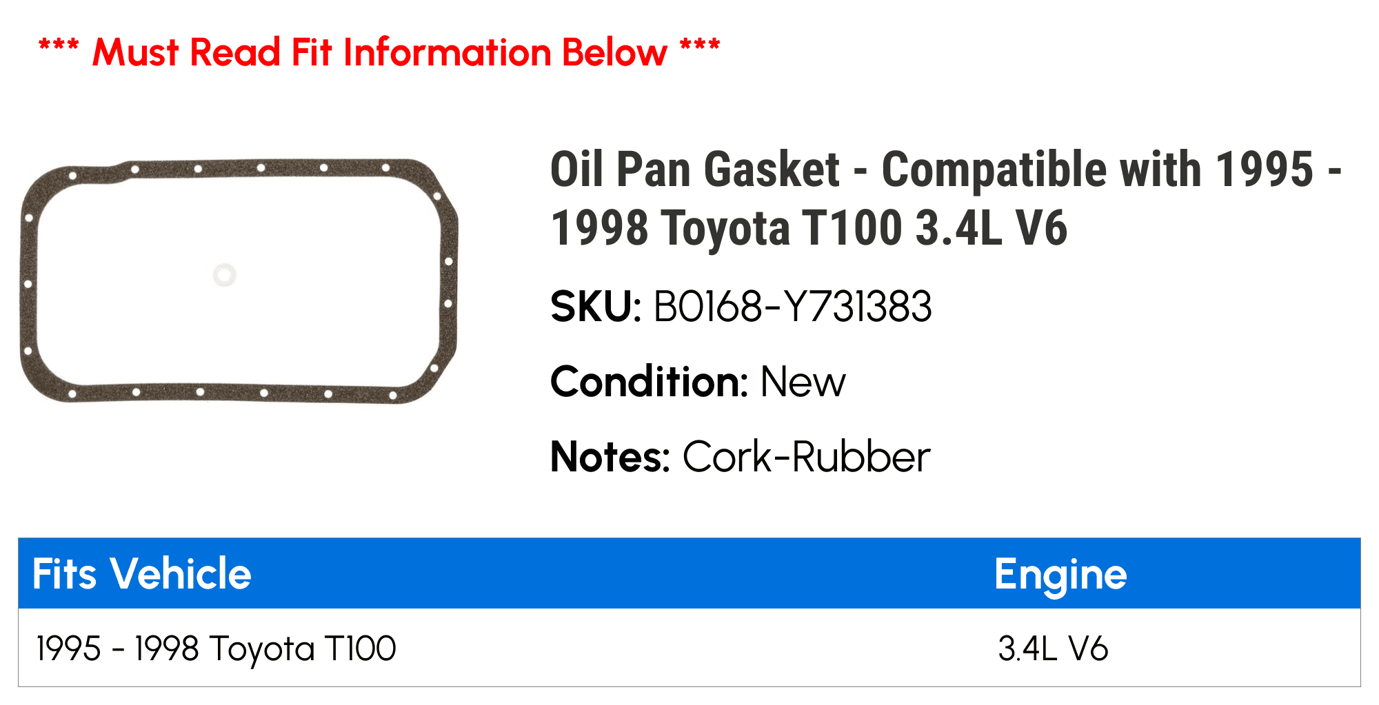 Oil Pan Gasket - Compatible with 1995 - 1998 Toyota T100 3.4L V6 1996 1997