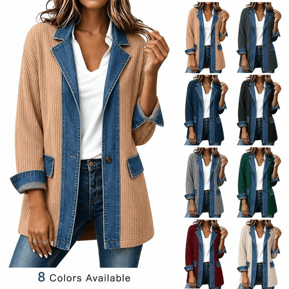 Women's Denim Patchwork Knit Blazer Jackets Notched Lapel Long Sleeve Button Casual Long Coat Khaki XXL