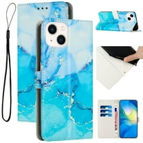 Compatible for iPhone 14 Plus 6.7 inch Wallet Case, iPhone 14 Plus Wallet Case[Stand Feature] [Wrist Strap] [Credit Cards Holder] New Marble Pattern Premium PU Leather Flip Protective Cover,Blue