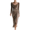 thumbnail image 4 of ClodeEU Women's Velvet Draped Neckline Long Sleeve Dress, Elegant Bodycon Ruched Party Dress Khaki,Womens Plus L, 4 of 7