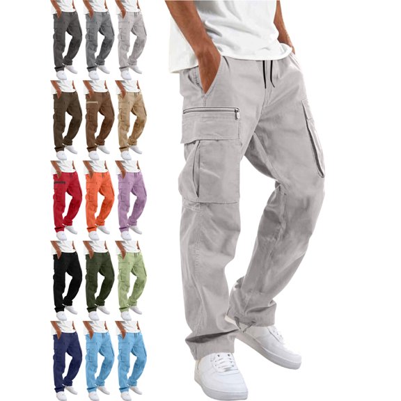 Men's Workwear Cargo Pants Straight Leg Relaxed Fit Elastic Waist Drawstring Multiple Pockets Outdoor Pants