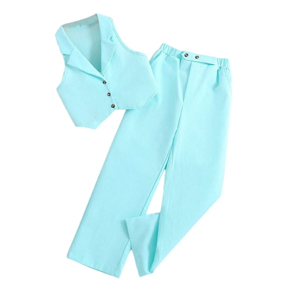 2025 4-8Y Kids Girl'S 2 Piece Outfits Sleeveless Button Up Notched Lapel Collar Vest Jacket And Wide Leg Pants Set Blue