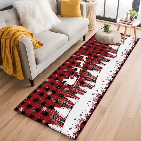 Red Plaid Christmas Kitchen Runner Rug 2x6 Washable Runners for Hallway Non Slip Xmas Elk Tree Snowflake Large Area Rug Indoor Floor Carpet for Bathroom Laundry Entryway Bedroom Living Room