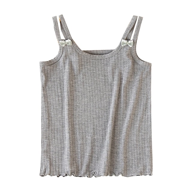 Coerni Girls Ribbed Knit Camisole with Bow Cute Ruffle Trim Spaghetti Strap Undershirts Kids Summer Beach Vacation Tops