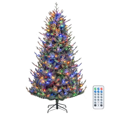 Costway 7.5 FT Artificial Christmas Tree with 1306 Branch Tips 500 LED Lights 48 Pine Cones