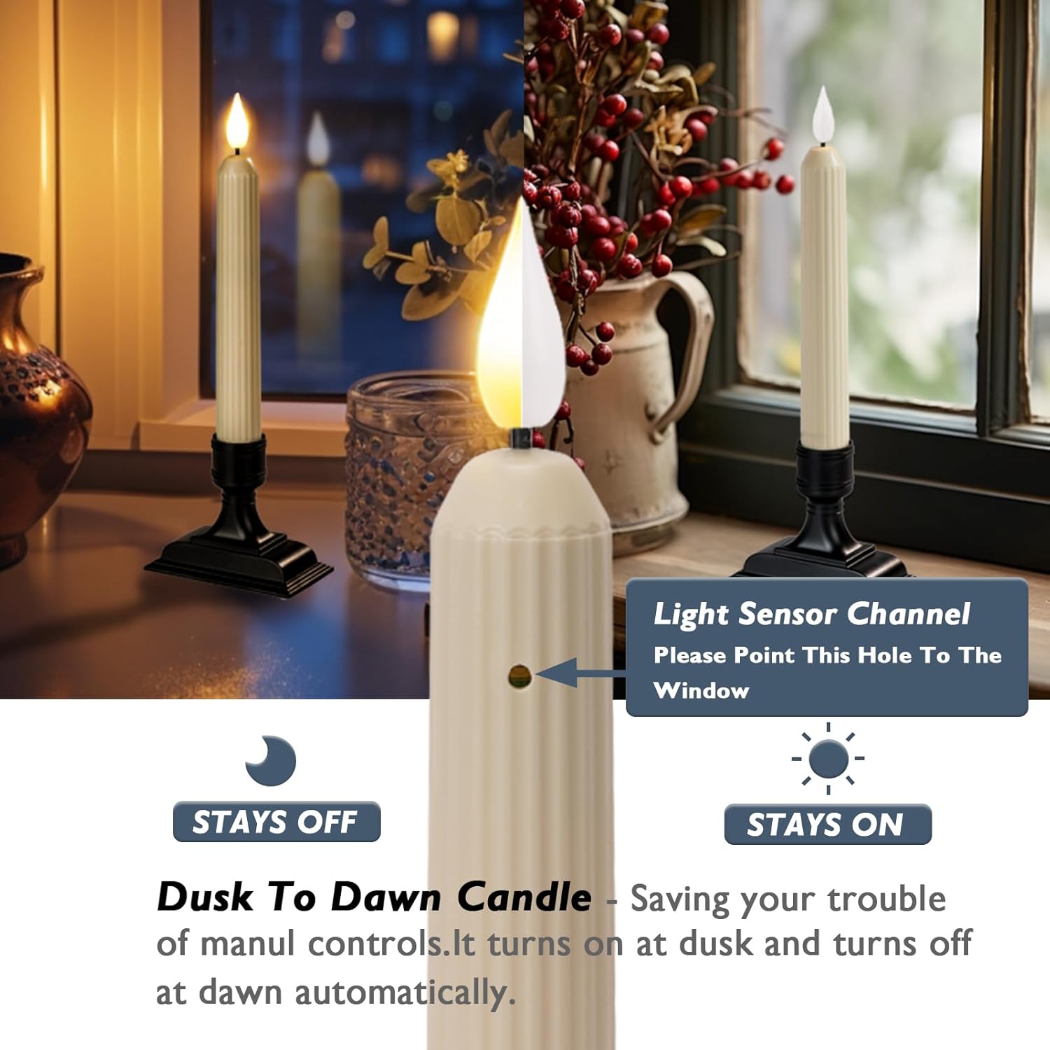 6 Pcs Window Candles with Sensors - Dusk To Dawn Flameless Led Taper Candles,  with Suction Cups, Warm or White Flame