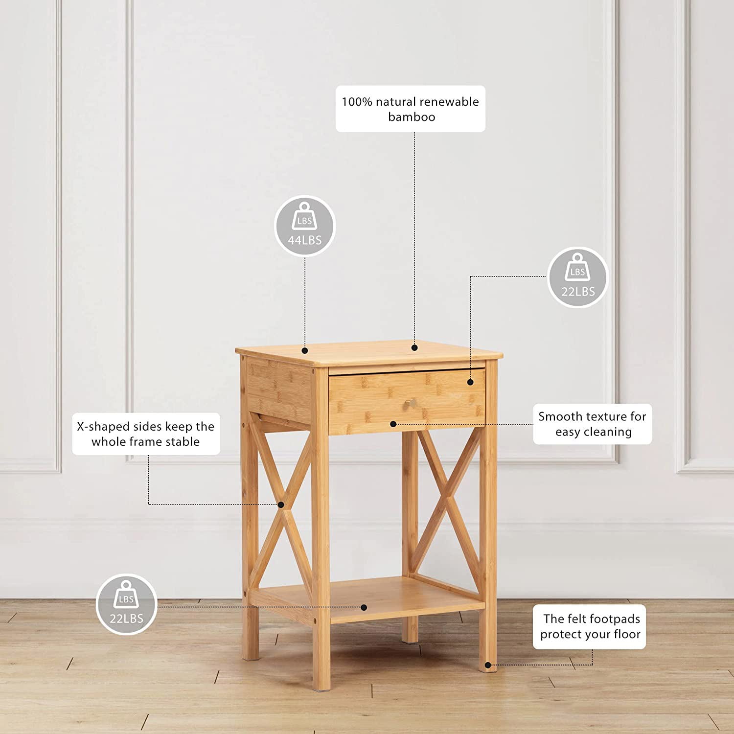 Resenkos Set of 4 Farmhouse Bamboo Nightstand, Wood End Table with Drawer and X-Side Shelf,Natural