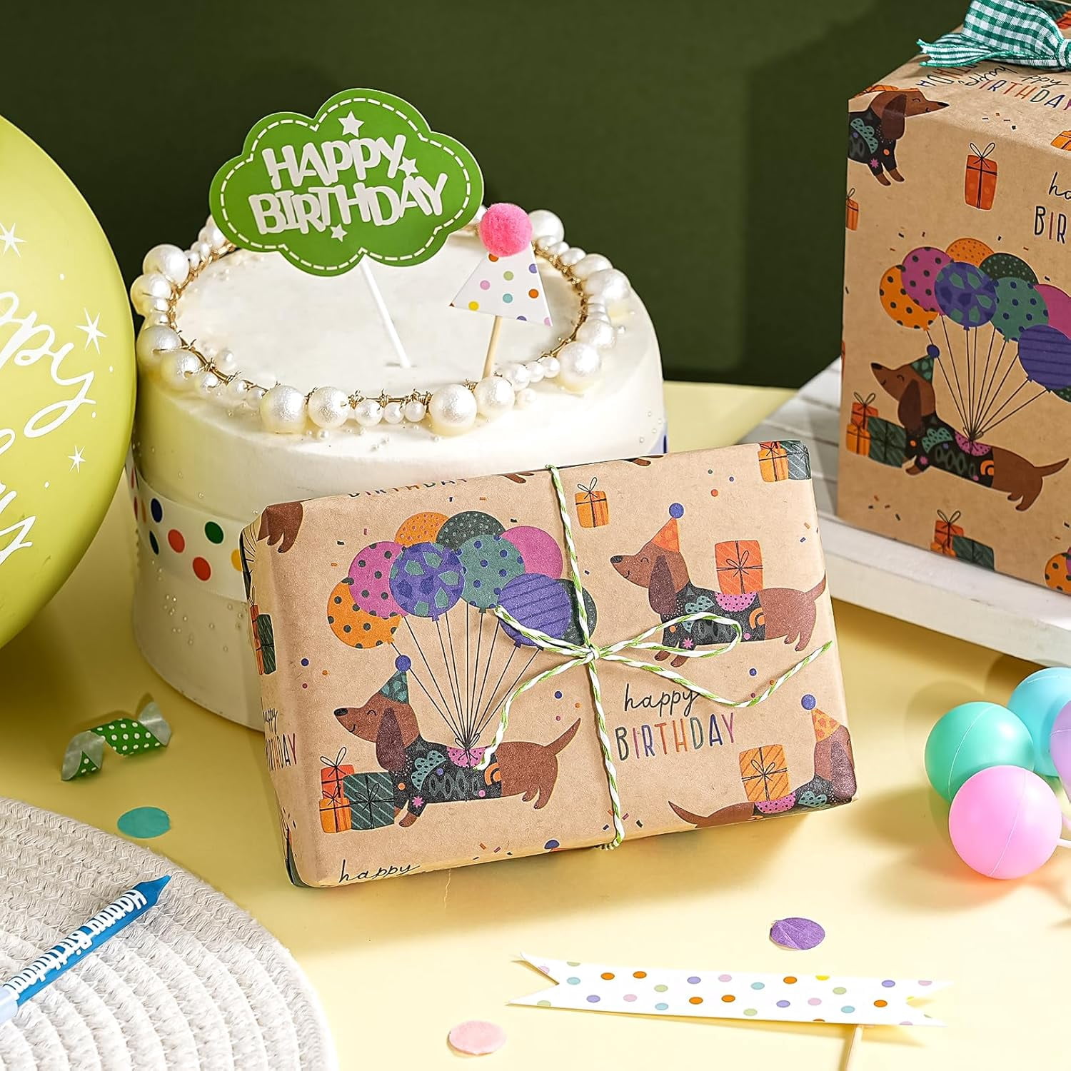 Kraft Dog Birthday Wrapping Paper Roll - Mini Roll - 17 Inch x 16.5 Feet - Dachshund Dog Wrapping Paper Perfect for Kids Boys Girls Birthday, Dogs Lover