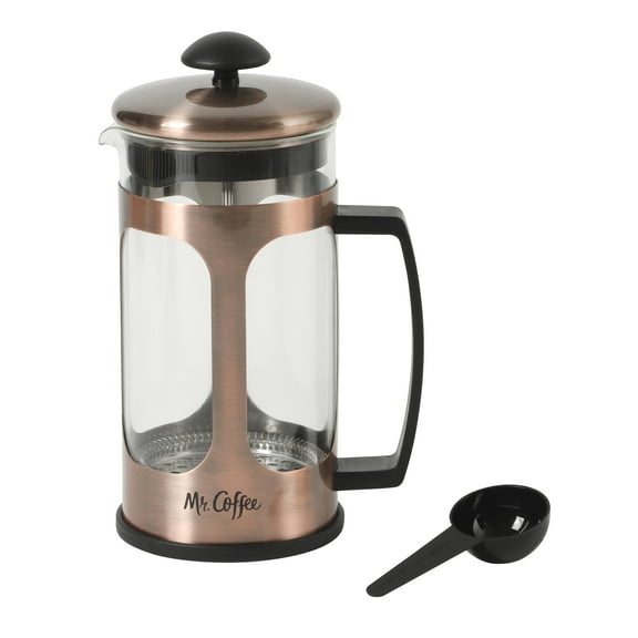 Mr. Coffee French Press Coffee Maker, 30 oz Glass Carafe with High Heat Resistant Durable Borasilicate Glass & Copper Metal Frame and Plunger, Includes Coffee Scoop