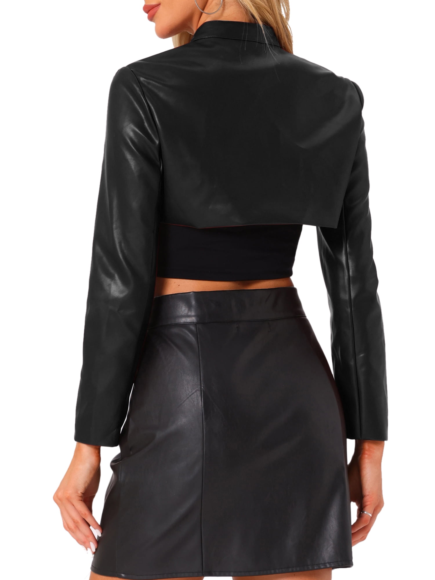 INSPIRE CHIC Women's Faux Leather Stand Collar Zipper Front Long Sleeve Cropped Jacket XS Black