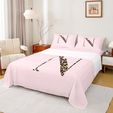 jejeloiu Leopard Print Monogram N Full Size Sheets For Girls Princess Bow tie Initial Bed Sheets For Kids 4 Pieces
