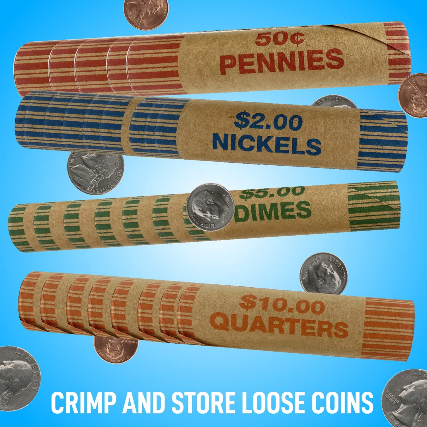 Nadex Preformed Kraft Paper Coin Roll Wrappers Set with Coin Crimpers, Assorted Denominations, 256 Count