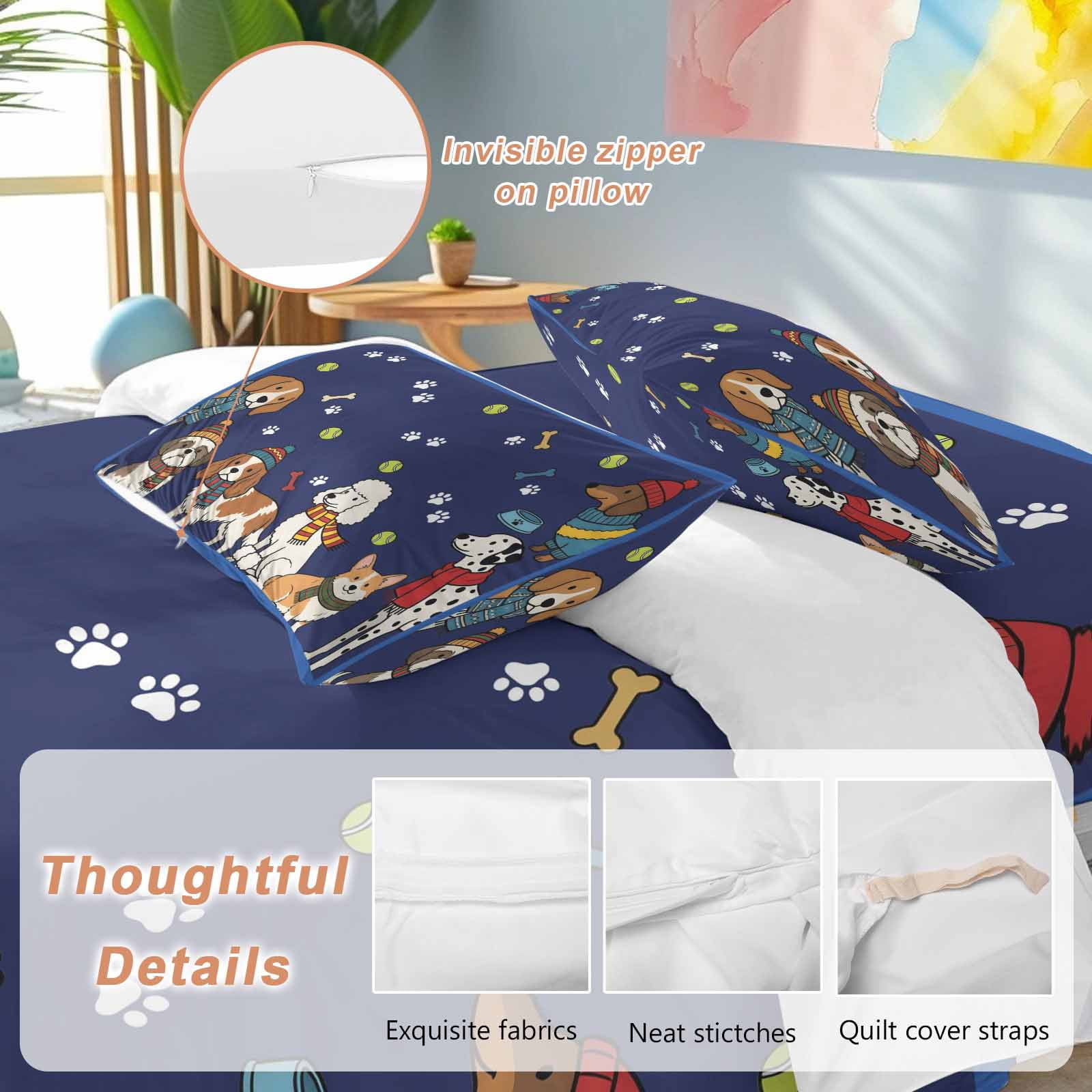 Cartoon Puppy Duvet Cover Set Queen Size, Dag Paw Print Bone Balls Navy Background 4 Piece Bedding Set with Zipper Closure & Corner Ties Soft Breathable Comforter Cover for Bedroom