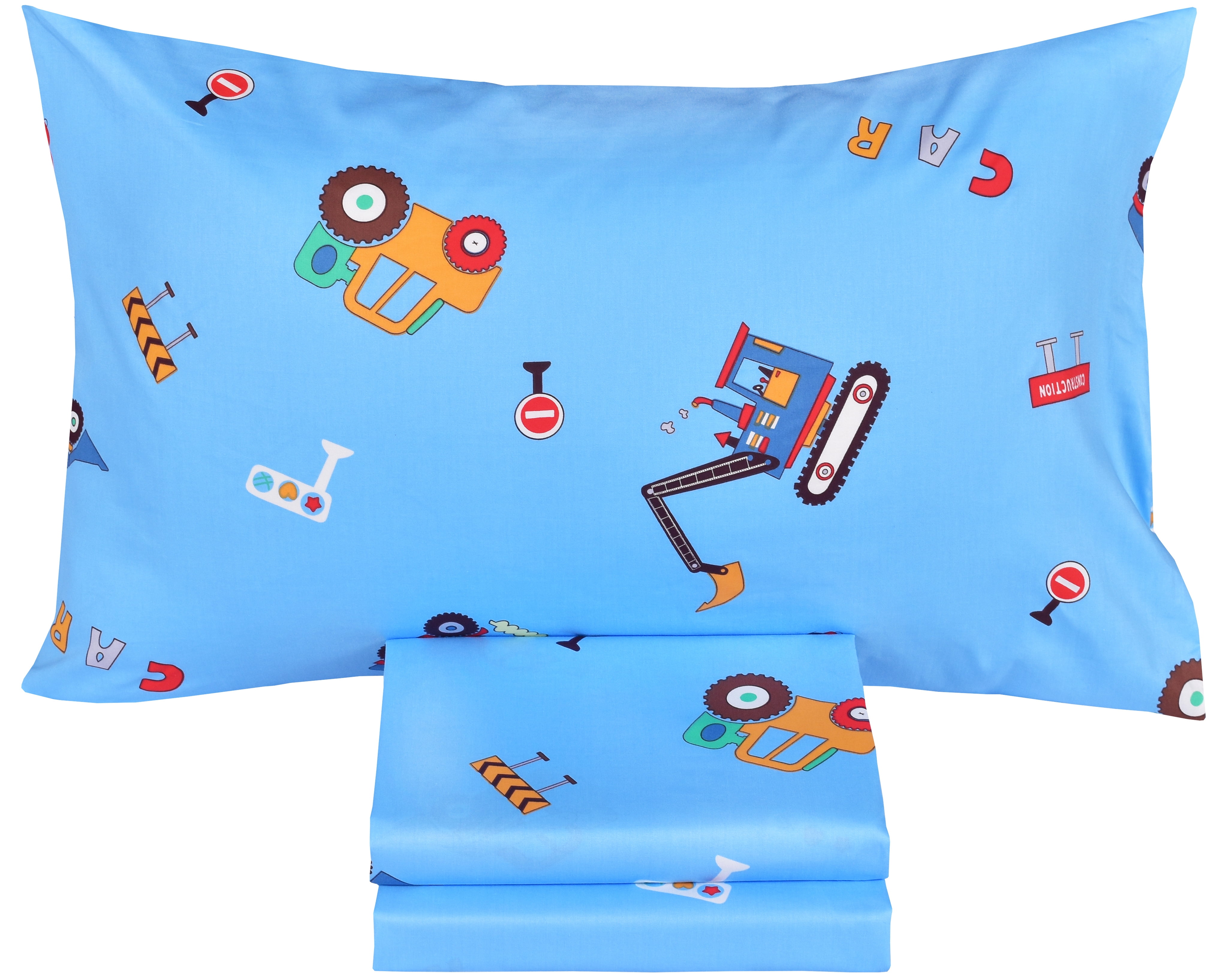 J-pinno Cars Truck Tractor Digger Building 100% Percale Cotton 3 Pieces Crib Sheet Set for Kids Toddler Boys Girls, Flat & Fitted Sheet & Pillowcase, Cozy Breathable Unisex Nursery School Bedding Set