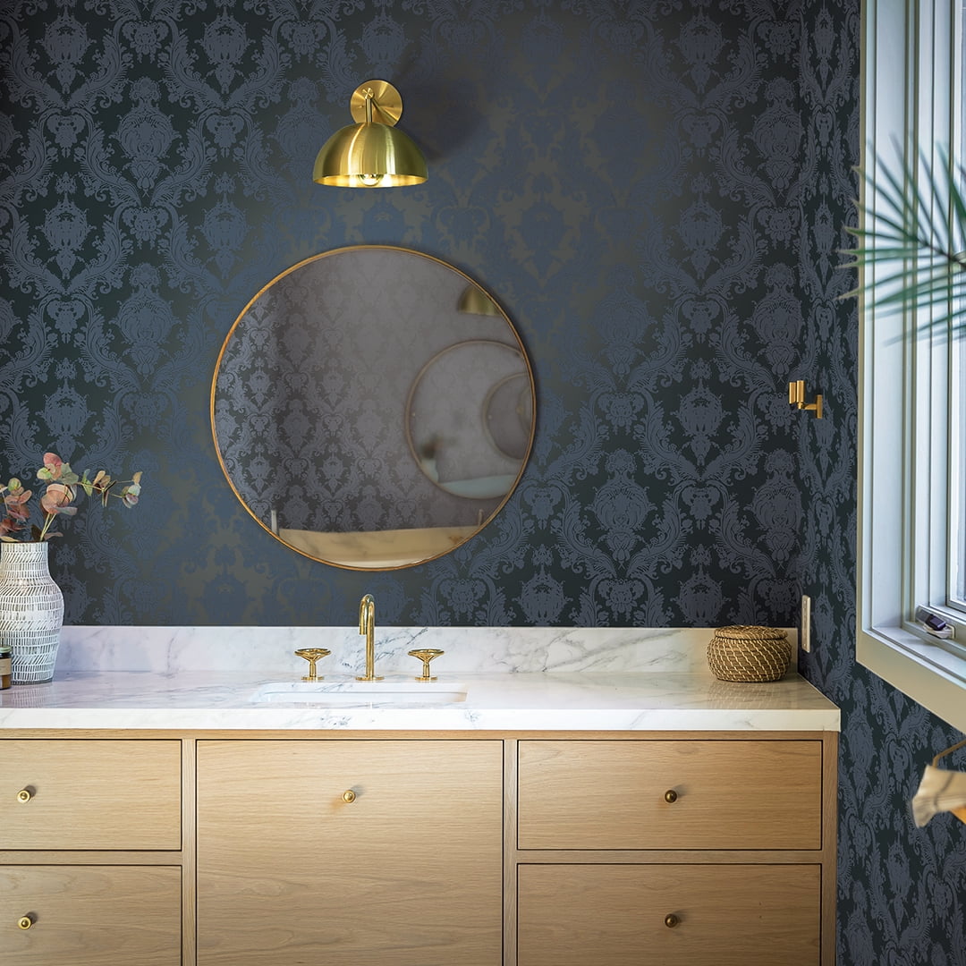 Tempaper Textured Damask Black Peel and Stick Damask Wallpaper, 20.5" x 16.5'